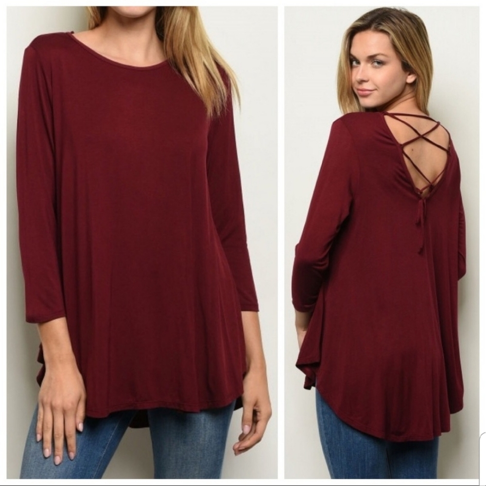 Maroon Cross-back Loose Flowy Shirt Long Sleeve